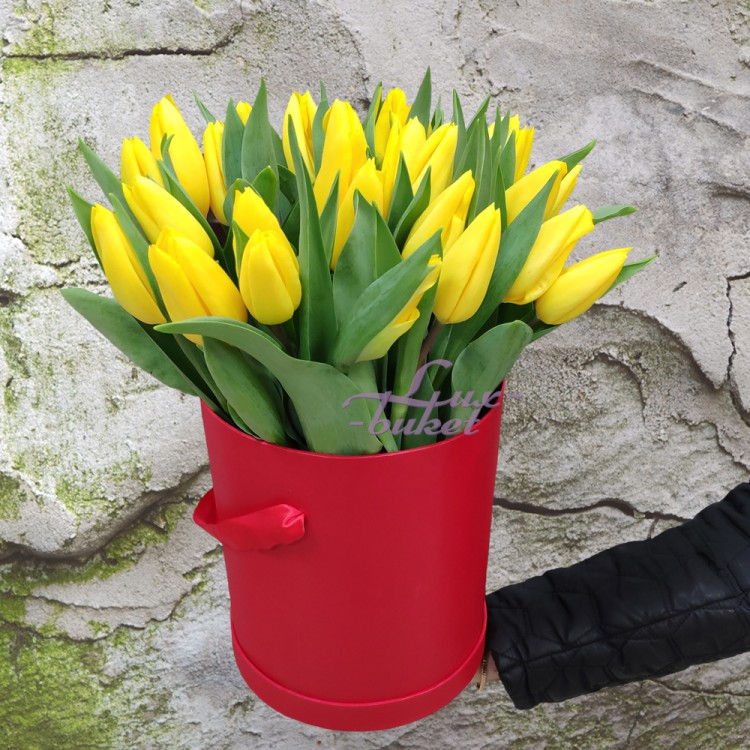 Приносящие удачу Желтые тюльпаны в коробке с доставкой в Кисловодске